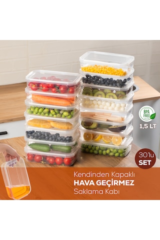 Porsima 4363-30 Kendinden Kapaklı Derin Dondurucuya Uygun 1,5 Lt 30 Adet Saklama Kabı Hava Almaz Düzenleyici Şeffaf