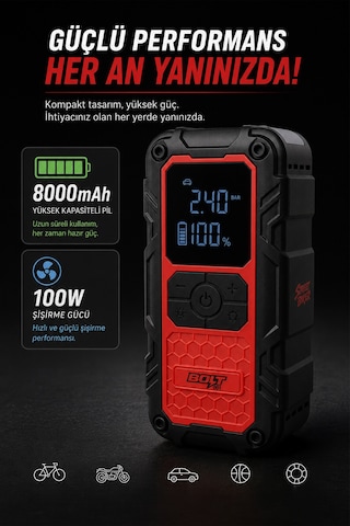 Bolt 001 Taşıma Çantalı 4' Ü 1 Arada Akü Takviye Cihazı Şarjlı Lastik Şişirme Powerbank Led Işık
