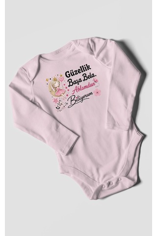 Morivokids Güzellik Başa Bela Ablamdan Biliyorum Uzun Kollu Bebek Body %100 Pamuk Bebe Pembe