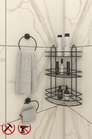 Alper Banyo Yapışkanlı Siyah 3 Katlı Banyo Rafı EK03 Lotus Açık Kağıtlık Lotus Halka Havluluk Siyah