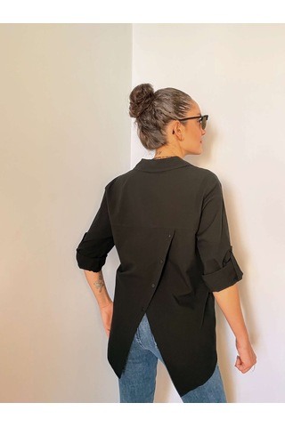 Ali Butik Siyah Sırtı Asimetrik Düğme Detaylı Poplin Gömlek Siyah