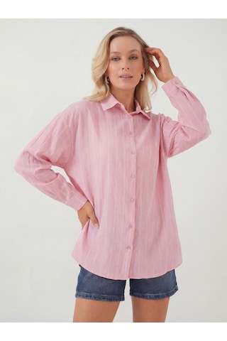 Bigdart Kadın Çizgili Oversize Gömlek 20293 - Pembe