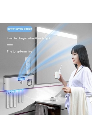 Bosphorusboutique02 Gri Elektrikli Diş Fırçası Uv Sterilizasyon Kurutma Tutucu Duvara Monte Diş Macunu Sıkacağı Banyo Organizatör Aksesuarları Set Gri Gri