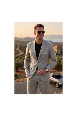 Deepsea Erkek Haki Safari Ceketli Slim Fit 2'li Takım Elbise Pileli Duble Paça Pantolon 2600723