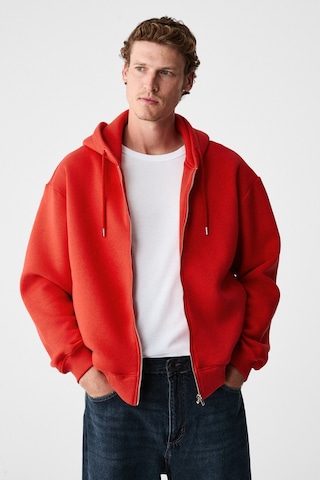 Grimelange Ashby Erkek Kapüşonlu Fermuarlı Cepli Kordonlu Boxy Kalıp Kırmızı Sweatshirt Kırmızı