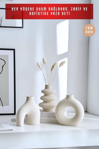 Siyah Dekoratif Vazo Seti Obje Ev Dekorasyon Masa Üstü Dekor Vazo Seti Model 1001 Beyaz Beyaz