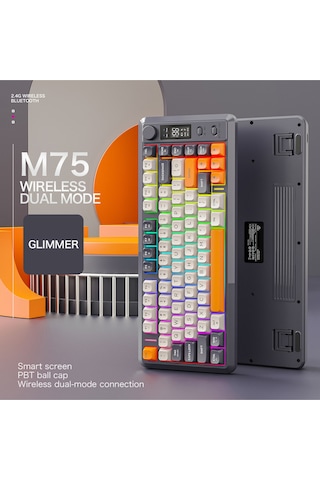 M75 Kablosuz 2.4ghz Kablosuz + Bt Çift Modlu Klavye Led Ekranlı Oyun Klavyesi İle Pbt Knob Rainbow