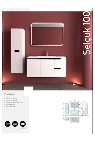 Evros Selçuk Banyo Dolabı 100 Cm Boy Dolabı Dahil Beyaz