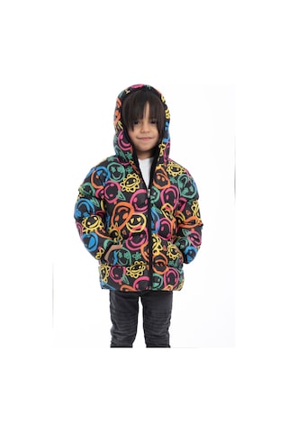 Erkek Çocuk Gülen Emoji İçi Polarlı Kürklü Su Ve Rüzgar Geçirmez Kapüşonlu Cepli Kışlık Şişme Mont Çok Renkli