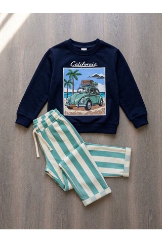 California Nostaljik Araba Baskılı Lacivert Sweatshirt&eşofman Takımı Erkek Çocuk Mint Yeşili
