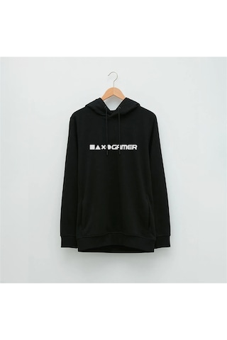 Oyuncu Temalı Özel Tasarım Baskılı Kapüşonlu Sweatshirt Siyah