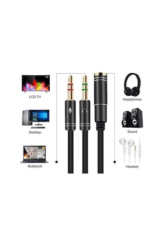3.5 MM Aux Kulaklık Mikrofon Dönüştürücü Birleştirici Kablo Siyah