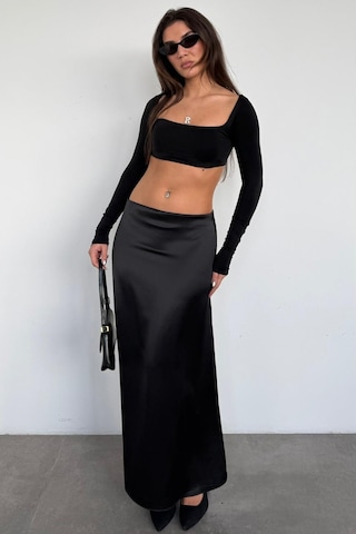 Madmext Siyah Saten Midi Boy Şık Kadın Etek Mg2637 Siyah