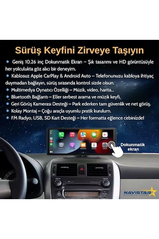 Dokunmatik 10.26 İnç 4k+1080p Çift Kameralı Kablosuz Carplay Wifi Bluetooth Set
