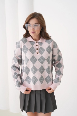 Kadın Polo Yaka Yarım Pat Düğme Detay Desenli Oversize Triko Kazak Açık Pembe