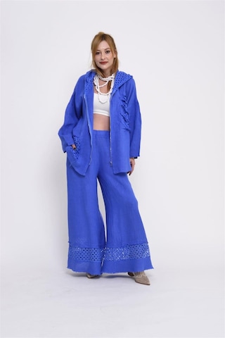 Bohem Stil İtalyan Fisto Detaylı Keten Pantolon-8748 Mavi