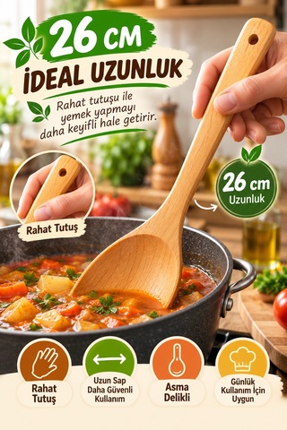 26 Cm Doğal Ahşap Servis Kepçesi Geniş Ağızlı Tahta Yemek Ve Servis Kepçesi Mutfak Gereci