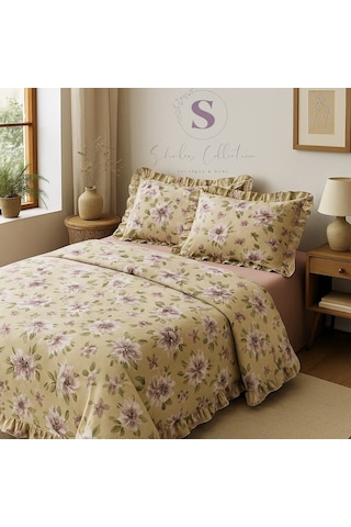 Peony Çiçekli % 100 Pamuk Fırfırlı Çift Kişilik Nevresim Takımı Çok Renkli