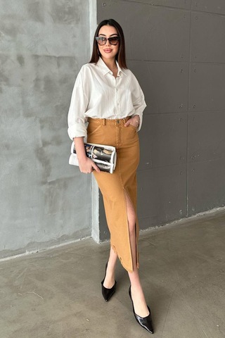 Alemdarshop Camel Gabardin Boyamalı Püsküllü Etek