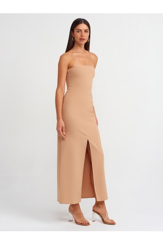 Dilvin Yırtmaç Detaylı Straplez Elbise Bej