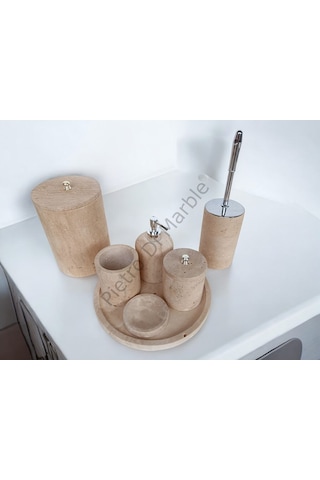 Sarı Traverten Klasik Model 7 Parça Gümüş Renk Düğme Aksesuarlı Banyo Seti Sarı Traverten