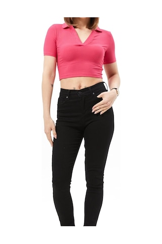 Kadın Fuşya Gömlek Yaka Crop Top