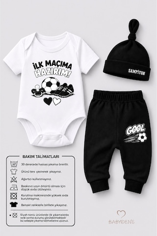 Babyden's Bebek 3'lü Takım Siyah Beyaz Taraftar Temalı Kısa Kol %100 Pamuk Yenidoğan Seti İlk Maçıma Hazırım