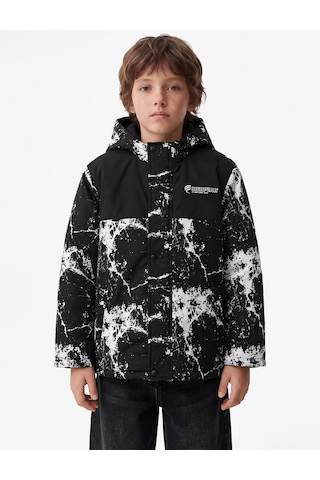 Koton Polar Astarlı Uzun Kollu Baskılı Oversize Kapüşonlu Mont Siyah 7wkb00018tw