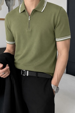 Tarz Cool Erkek Fermuar Yaka Triko Polo Tişört Slim Fit Pamuklu Yazlık Triko Yeşil