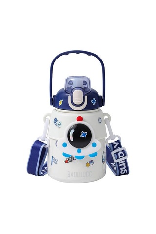 Lyon 850ml Astronot Karikatür Paslanmaz Çelik Taşınabilir Kayışlı Su Şişesi Çocuk Saman Izoleli Su Beyaz