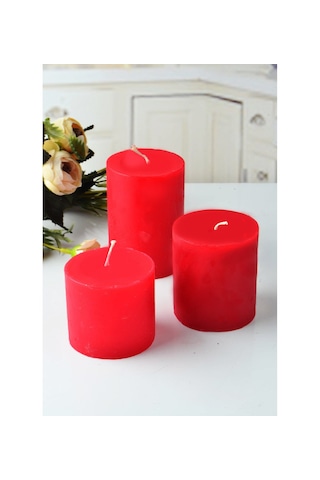 Silindir Mum 3'lü Kokulu Büyük Mum Dekoratif Mum Seti Kirmızı