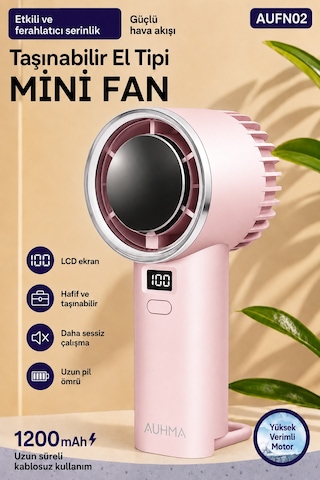 Exenar - Pembe - Güçlü Portatif Mini El Fanı 1200 Mah Dijital Ekranlı Şarjlı Vantilatör 5 Kademeli Fan Pembe