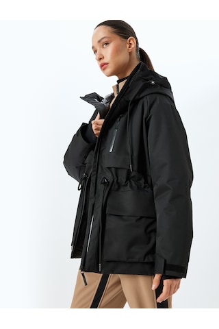 Koton Anorak Mont Kapüşonlu Fermuarlı Cep Detaylı Beli Bağcıklı Su Geçirmez Siyah 5wal00037ıw Siyah
