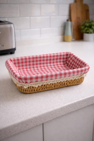 Rattan Hasır Ekmeklik Kare Pötikare Kumaşlı Masa Üstü Ekmek Sepeti Mutfak Organizer Çok Renkli