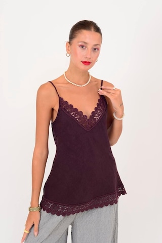 Dantel Detaylı Askılı Keten Bluz-10386 Mürdüm