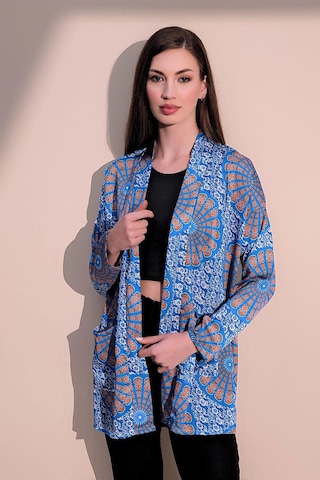 Kadın Saks Etnik Desen Yeni Moda Saten Çift Cepli Salaş Kimono Ceket - Tesettüre Uygun Saks