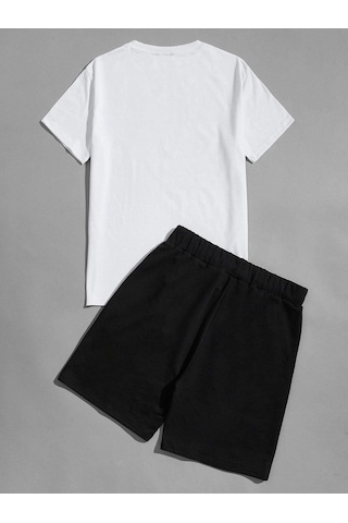 K Desen T-shirt Şort - Beyaz Siyah Alt Üst Kombin Şort Tişört Takım Baskılı Oversize Bisiklet Yaka Beyaz Siyah
