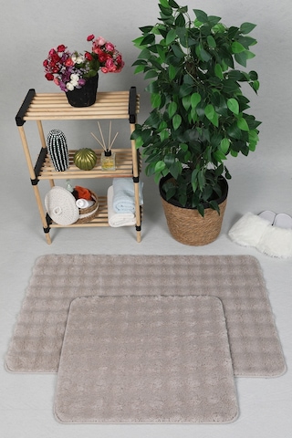 Modern Bubble Yıkanabilir Kaymaz Peluş Banyo Paspası Halısı 2'li Klozet Takımı 50x80-50x40cm Bej