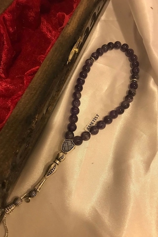 Ametist Tespih Doğal Taş Tesbih Gümüş İmameli Ahşap Kutulu Çok Renkli