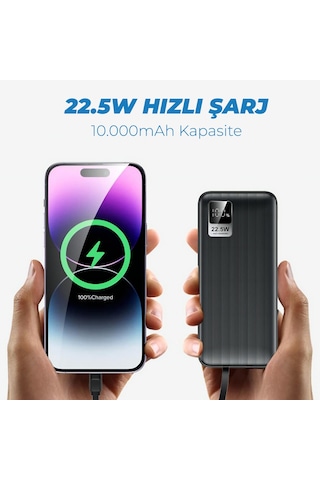 Woyax Dahili Type-C ve Lightning Kablolu 10000mAh Powerbank 22.5W Hızlı Led Ekranlı Taşınabilir Şarj Cihazı