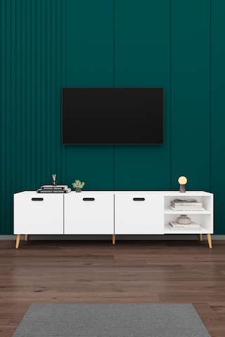 Asra Trend Tv Ünitesi T-18 %100 MDF 200 cm Büyük Boy Tv Sehpası Dolaplı Raflı Beyaz
