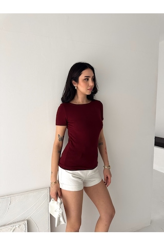 Elaxi Kadın Kısa Kollu Kayık Yaka Buzy Kumaş Tişört Bordo