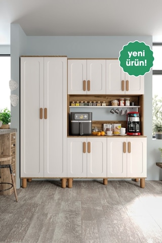 Flora Flr10190 Bohem Kahve Köşesi 10 Kapaklı Mdf Mebran Kapaklı Mutfak Dolabı Çok Amaçlı Dolap Aytaşı Ceviz
