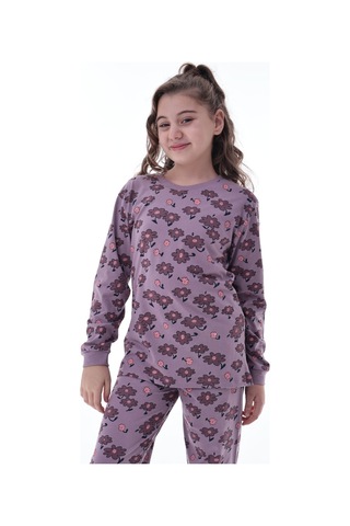 Kız Çocuk Çiçek Desenli Pamuklu Pijama Takımı 8-13 Yaş Rahat Uyku Takımı Mor