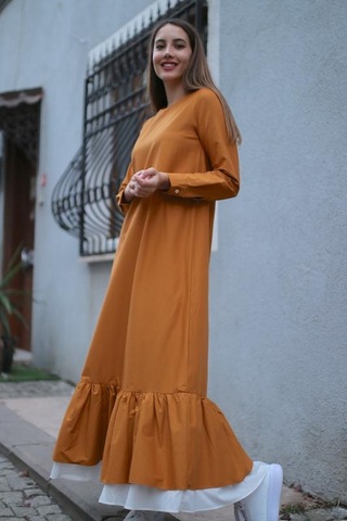 Zeyn Fırfırlı Elbise Hardal
