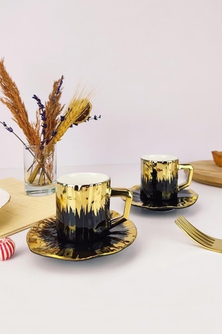 Digithome Kosova Porselen 6 Lı Kahve Fincan Takımı Siyah Gold - Kgp-095