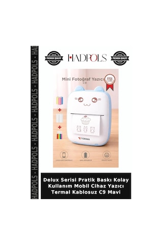 Delux Serisi Pratik Baskı Kolay Kullanım Mobil Cihaz Yazıcı Termal Kablosuz C9 Mavi