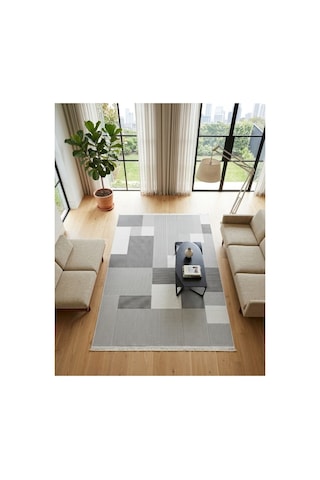 Merinos Vista Beyaz Gri Renk %100 Akrilik Geometrik Desen Yumuşak Dokulu Salon Oturma Odası Halısı 76594-95