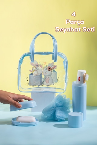 Porsima 3144 Tavşan Figürlü Seyahat Seti - Diş Fırçası Kutusu Banyo Lifi Sabun Kutusu Seyahat Çantası Mavi Mavi