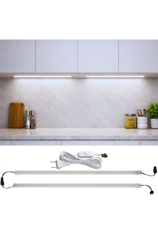 2 Adet 1 Metre Yüksek Lümen Beyaz Işık Şerit Led Bar 220v Opak, Butonlu Fişli, Mutfak Dolap Altı Beyaz Şeffaf